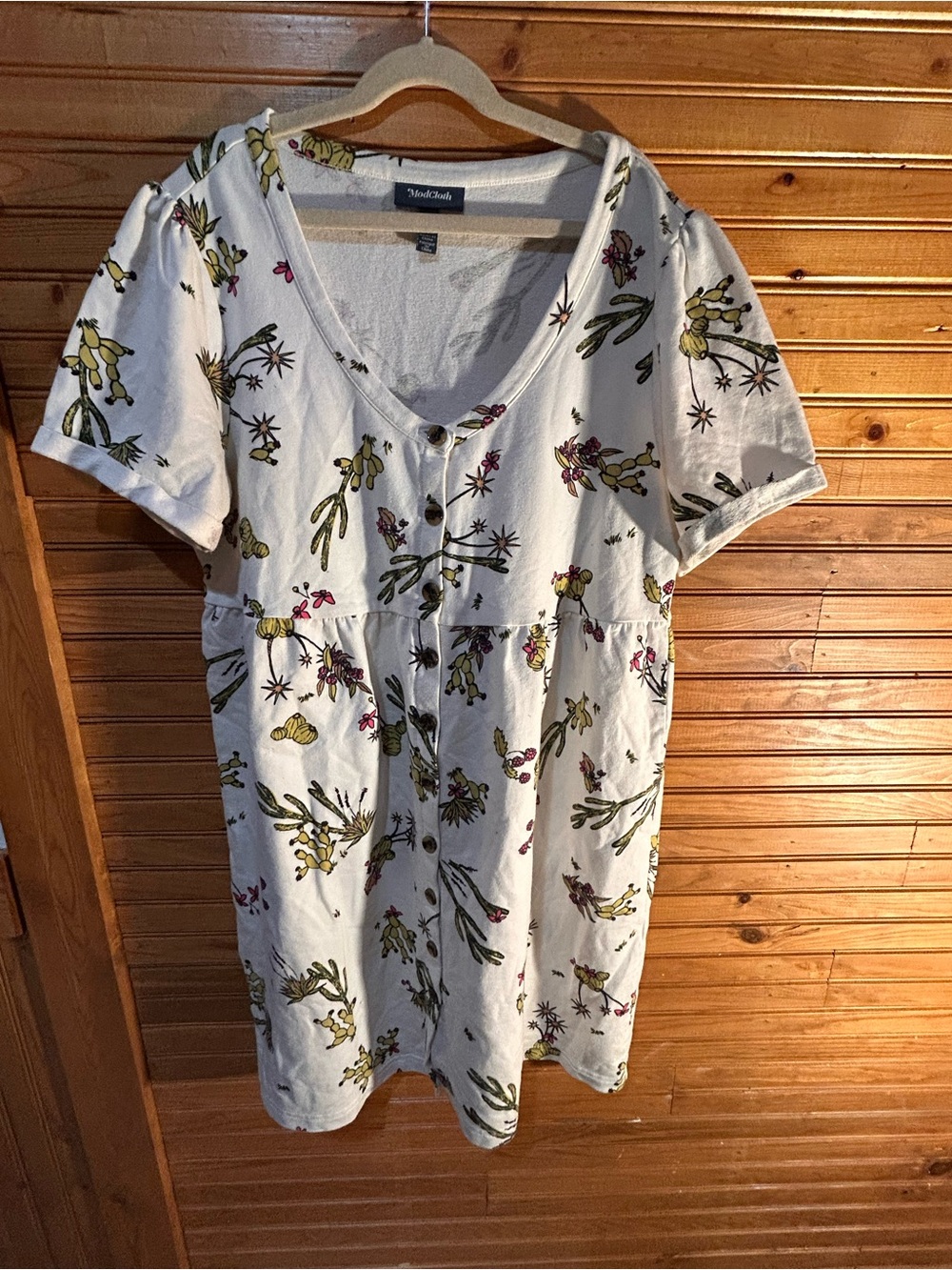 Modcloth White Floral Button-Front Tunic with Yellow and Green Accents